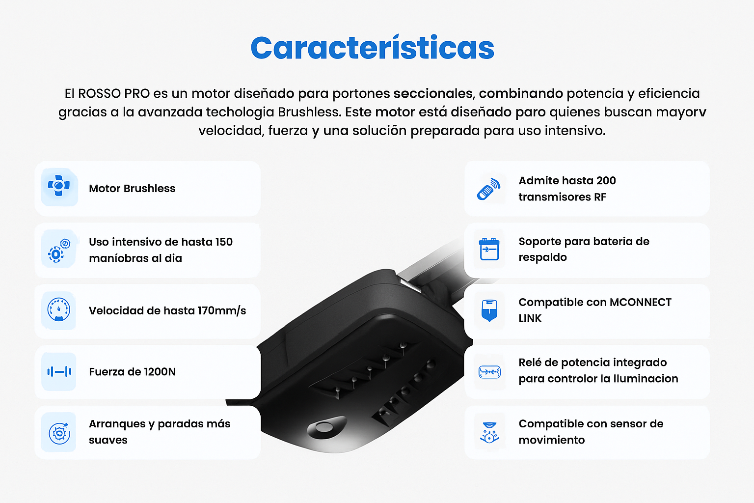 Motor Brushless Rosso PRO de Motorline para puertas seccionales. Uso intensivo, 24Vdc, 1200 N, funcionamiento silencioso y compatible con sensores. Ideal para automatización de garajes.