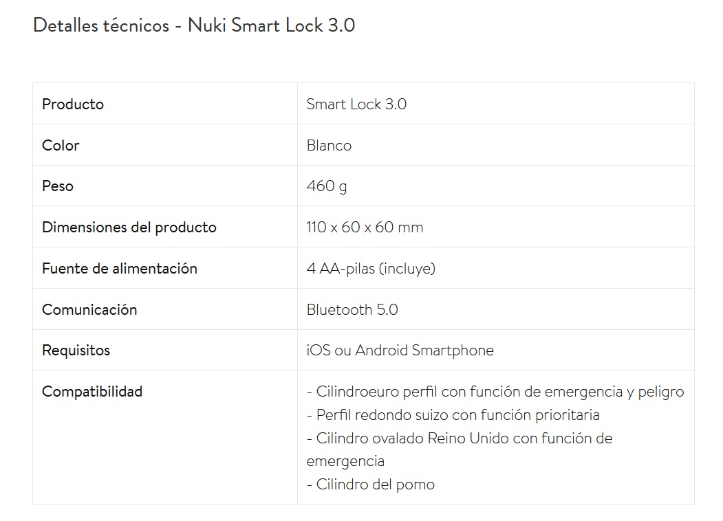 detalles técnicos Nuki Smart Lock
